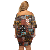 Vintage Hawaiian Quilting Patterns Family Matching Off Shoulder Short Dress and Hawaiian Shirt Brown Style Tribal Fabric Patchwork LT9 - Polynesian Pride