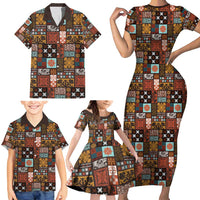 Vintage Hawaiian Quilting Patterns Family Matching Short Sleeve Bodycon Dress and Hawaiian Shirt Brown Style Tribal Fabric Patchwork - Polynesian Pride