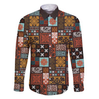 Vintage Hawaiian Quilting Patterns Family Matching Short Sleeve Bodycon Dress and Hawaiian Shirt Brown Style Tribal Fabric Patchwork LT9 Dad's Shirt - Long Sleeve Brown - Polynesian Pride