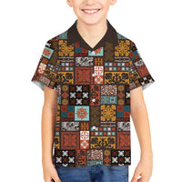 Vintage Hawaiian Quilting Patterns Family Matching Short Sleeve Bodycon Dress and Hawaiian Shirt Brown Style Tribal Fabric Patchwork LT9 Son's Shirt Brown - Polynesian Pride