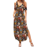 Vintage Hawaiian Quilting Patterns Family Matching Summer Maxi Dress and Hawaiian Shirt Brown Style Tribal Fabric Patchwork LT9 Mom's Dress Brown - Polynesian Pride
