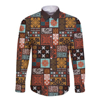 Vintage Hawaiian Quilting Patterns Long Sleeve Button Shirt Brown Style Tribal Fabric Patchwork - Polynesian Pride