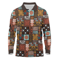 Vintage Hawaiian Quilting Patterns Long Sleeve Polo Shirt Brown Style Tribal Fabric Patchwork - Polynesian Pride