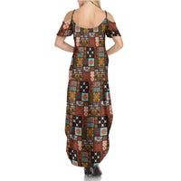 Vintage Hawaiian Quilting Patterns Summer Maxi Dress Brown Style Tribal Fabric Patchwork LT9 - Polynesian Pride
