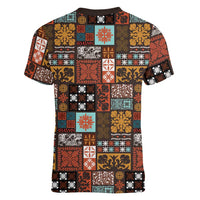 Vintage Hawaiian Quilting Patterns Women V-Neck T-Shirt Brown Style Tribal Fabric Patchwork - Polynesian Pride