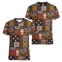 Vintage Hawaiian Quilting Patterns Women V-Neck T-Shirt Brown Style Tribal Fabric Patchwork - Polynesian Pride