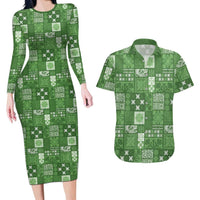 Vintage Hawaiian Quilting Patterns Couples Matching Long Sleeve Bodycon Dress and Hawaiian Shirt Green Style Tribal Fabric Patchwork LT9 Green - Polynesian Pride