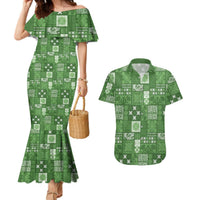 Vintage Hawaiian Quilting Patterns Couples Matching Mermaid Dress and Hawaiian Shirt Green Style Tribal Fabric Patchwork LT9 Green - Polynesian Pride