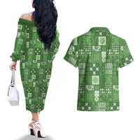 Vintage Hawaiian Quilting Patterns Couples Matching Off The Shoulder Long Sleeve Dress and Hawaiian Shirt Green Style Tribal Fabric Patchwork LT9 - Polynesian Pride