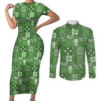 Vintage Hawaiian Quilting Patterns Couples Matching Short Sleeve Bodycon Dress and Long Sleeve Button Shirt Green Style Tribal Fabric Patchwork LT9 Green - Polynesian Pride