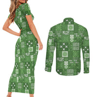Vintage Hawaiian Quilting Patterns Couples Matching Short Sleeve Bodycon Dress and Long Sleeve Button Shirt Green Style Tribal Fabric Patchwork LT9 - Polynesian Pride