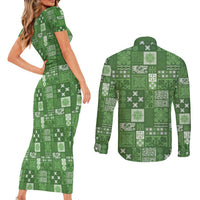 Vintage Hawaiian Quilting Patterns Couples Matching Short Sleeve Bodycon Dress and Long Sleeve Button Shirt Green Style Tribal Fabric Patchwork - Polynesian Pride
