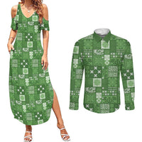 Vintage Hawaiian Quilting Patterns Couples Matching Summer Maxi Dress and Long Sleeve Button Shirt Green Style Tribal Fabric Patchwork - Polynesian Pride