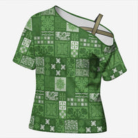 Vintage Hawaiian Quilting Patterns Cross Shoulder Shirt Green Style Tribal Fabric Patchwork LT9 Female Green - Polynesian Pride