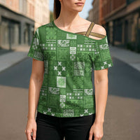 Vintage Hawaiian Quilting Patterns Cross Shoulder Shirt Green Style Tribal Fabric Patchwork LT9 - Polynesian Pride