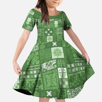 Vintage Hawaiian Quilting Patterns Family Matching Mermaid Dress and Hawaiian Shirt Green Style Tribal Fabric Patchwork LT9 Daughter's Dress Green - Polynesian Pride