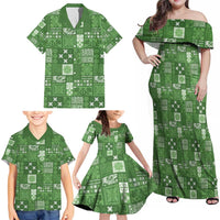 Vintage Hawaiian Quilting Patterns Family Matching Off Shoulder Maxi Dress and Hawaiian Shirt Green Style Tribal Fabric Patchwork LT9 - Polynesian Pride