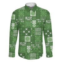 Vintage Hawaiian Quilting Patterns Family Matching Off Shoulder Maxi Dress and Hawaiian Shirt Green Style Tribal Fabric Patchwork LT9 Dad's Shirt - Long Sleeve Green - Polynesian Pride