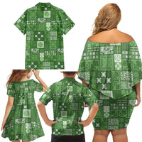 Vintage Hawaiian Quilting Patterns Family Matching Off Shoulder Short Dress and Hawaiian Shirt Green Style Tribal Fabric Patchwork - Polynesian Pride