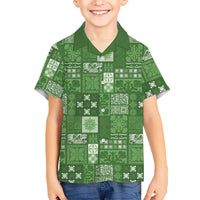Vintage Hawaiian Quilting Patterns Family Matching Off Shoulder Short Dress and Hawaiian Shirt Green Style Tribal Fabric Patchwork LT9 Son's Shirt Green - Polynesian Pride