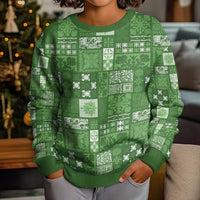 Vintage Hawaiian Quilting Patterns Kid Ugly Christmas Sweater Green Style Tribal Fabric Patchwork - Polynesian Pride