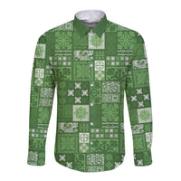 Vintage Hawaiian Quilting Patterns Long Sleeve Button Shirt Green Style Tribal Fabric Patchwork - Polynesian Pride