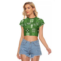 Vintage Hawaiian Quilting Patterns Raglan Cropped T Shirt Green Style Tribal Fabric Patchwork LT9 Female Green - Polynesian Pride