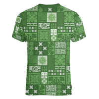 Vintage Hawaiian Quilting Patterns Women V-Neck T-Shirt Green Style Tribal Fabric Patchwork - Polynesian Pride