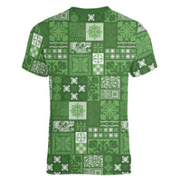 Vintage Hawaiian Quilting Patterns Women V-Neck T-Shirt Green Style Tribal Fabric Patchwork - Polynesian Pride