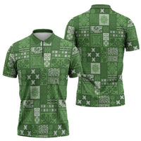Vintage Hawaiian Quilting Patterns Zipper Polo Shirt Green Style Tribal Fabric Patchwork LT9 - Polynesian Pride