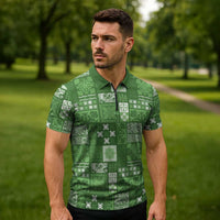 Vintage Hawaiian Quilting Patterns Zipper Polo Shirt Green Style Tribal Fabric Patchwork LT9 - Polynesian Pride