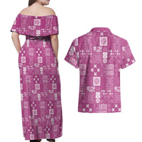 Vintage Hawaiian Quilting Patterns Couples Matching Off Shoulder Maxi Dress and Hawaiian Shirt Pink Style Tribal Fabric Patchwork - Polynesian Pride