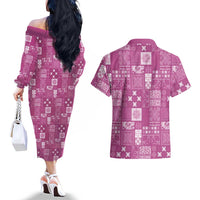 Vintage Hawaiian Quilting Patterns Couples Matching Off The Shoulder Long Sleeve Dress and Hawaiian Shirt Pink Style Tribal Fabric Patchwork LT9 - Polynesian Pride