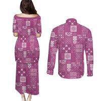 Vintage Hawaiian Quilting Patterns Couples Matching Puletasi and Long Sleeve Button Shirt Pink Style Tribal Fabric Patchwork - Polynesian Pride