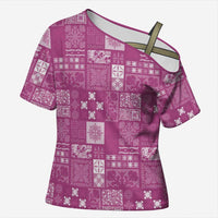 Vintage Hawaiian Quilting Patterns Cross Shoulder Shirt Pink Style Tribal Fabric Patchwork LT9 Female Pink - Polynesian Pride