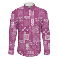 Vintage Hawaiian Quilting Patterns Family Matching Off The Shoulder Long Sleeve Dress and Hawaiian Shirt Pink Style Tribal Fabric Patchwork - Polynesian Pride