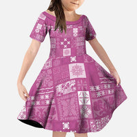 Vintage Hawaiian Quilting Patterns Family Matching Off Shoulder Maxi Dress and Hawaiian Shirt Pink Style Tribal Fabric Patchwork LT9 Daughter's Dress Pink - Polynesian Pride
