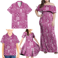 Vintage Hawaiian Quilting Patterns Family Matching Off Shoulder Maxi Dress and Hawaiian Shirt Pink Style Tribal Fabric Patchwork LT9 - Polynesian Pride