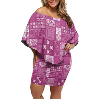 Vintage Hawaiian Quilting Patterns Family Matching Off Shoulder Short Dress and Hawaiian Shirt Pink Style Tribal Fabric Patchwork LT9 Mom's Dress Pink - Polynesian Pride