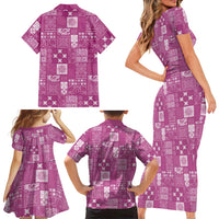 Vintage Hawaiian Quilting Patterns Family Matching Short Sleeve Bodycon Dress and Hawaiian Shirt Pink Style Tribal Fabric Patchwork - Polynesian Pride