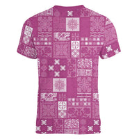Vintage Hawaiian Quilting Patterns Women V-Neck T-Shirt Pink Style Tribal Fabric Patchwork - Polynesian Pride