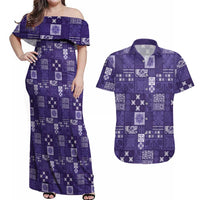 Vintage Hawaiian Quilting Patterns Couples Matching Off Shoulder Maxi Dress and Hawaiian Shirt Purple Style Tribal Fabric Patchwork LT9 Purple - Polynesian Pride