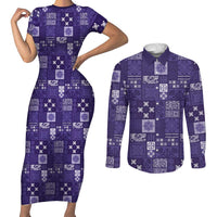 Vintage Hawaiian Quilting Patterns Couples Matching Short Sleeve Bodycon Dress and Long Sleeve Button Shirt Purple Style Tribal Fabric Patchwork LT9 Purple - Polynesian Pride