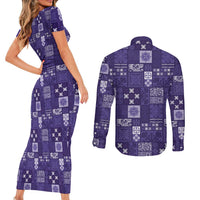 Vintage Hawaiian Quilting Patterns Couples Matching Short Sleeve Bodycon Dress and Long Sleeve Button Shirt Purple Style Tribal Fabric Patchwork LT9 - Polynesian Pride