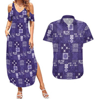 Vintage Hawaiian Quilting Patterns Couples Matching Summer Maxi Dress and Hawaiian Shirt Purple Style Tribal Fabric Patchwork LT9 Purple - Polynesian Pride
