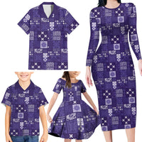 Vintage Hawaiian Quilting Patterns Family Matching Long Sleeve Bodycon Dress and Hawaiian Shirt Purple Style Tribal Fabric Patchwork - Polynesian Pride