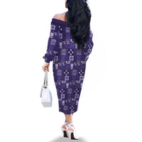 Vintage Hawaiian Quilting Patterns Family Matching Off The Shoulder Long Sleeve Dress and Hawaiian Shirt Purple Style Tribal Fabric Patchwork - Polynesian Pride
