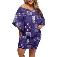 Vintage Hawaiian Quilting Patterns Family Matching Off Shoulder Short Dress and Hawaiian Shirt Purple Style Tribal Fabric Patchwork LT9 Mom's Dress Purple - Polynesian Pride
