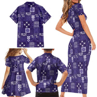 Vintage Hawaiian Quilting Patterns Family Matching Short Sleeve Bodycon Dress and Hawaiian Shirt Purple Style Tribal Fabric Patchwork - Polynesian Pride