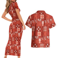 Vintage Hawaiian Quilting Patterns Couples Matching Short Sleeve Bodycon Dress and Hawaiian Shirt Red Style Tribal Fabric Patchwork LT9 - Polynesian Pride
